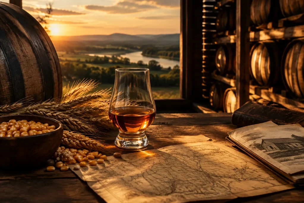 Unbranded bourbon editorial scene for Bourbon County, Kentucky: The Name Behind Bourbon
