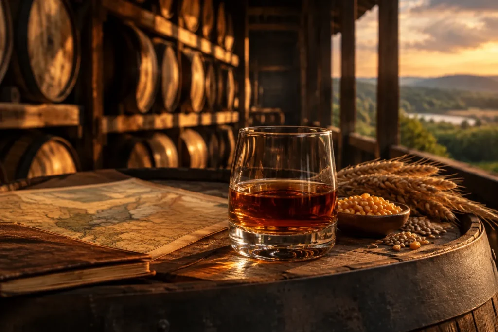 Unbranded bourbon editorial scene for Bourbon Whiskey: What Makes It Distinctly American