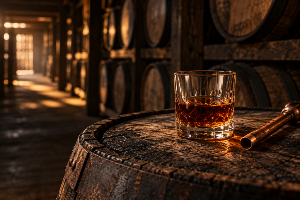 Glass of high-proof bourbon resting on an oak barrel inside a Kentucky rickhouse