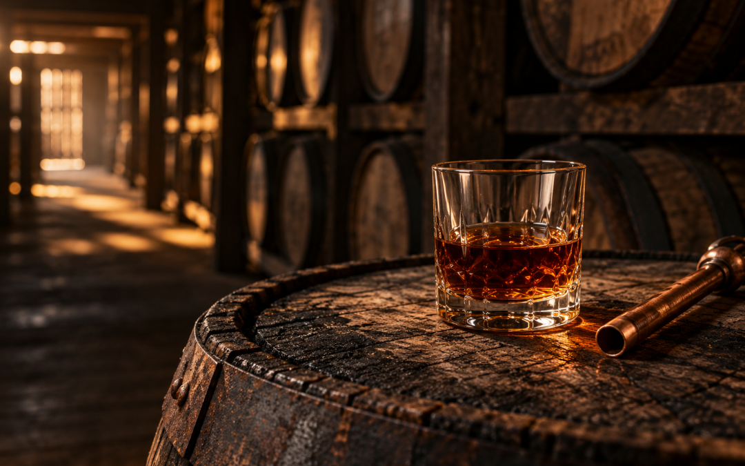 Glass of high-proof bourbon resting on an oak barrel inside a Kentucky rickhouse