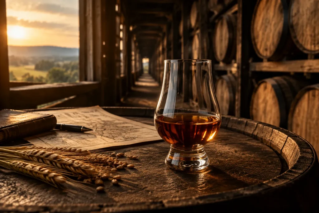 Unbranded bourbon editorial scene for Pappy Van Winkle 23 Year: The Bourbon, Its History and the 2026 Release