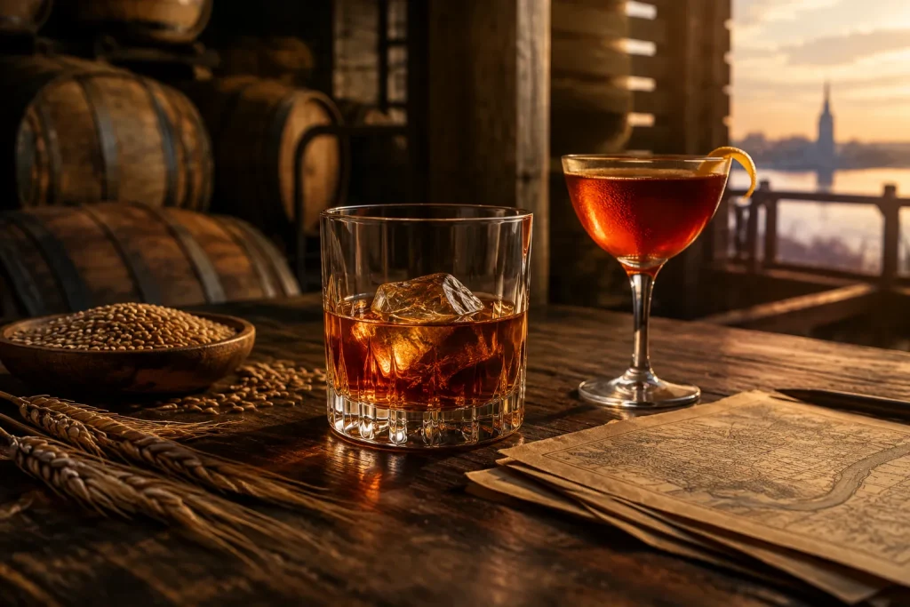 Unbranded bourbon editorial scene for Sazerac Rye Whiskey: The Bottle, the Cocktail, and the History