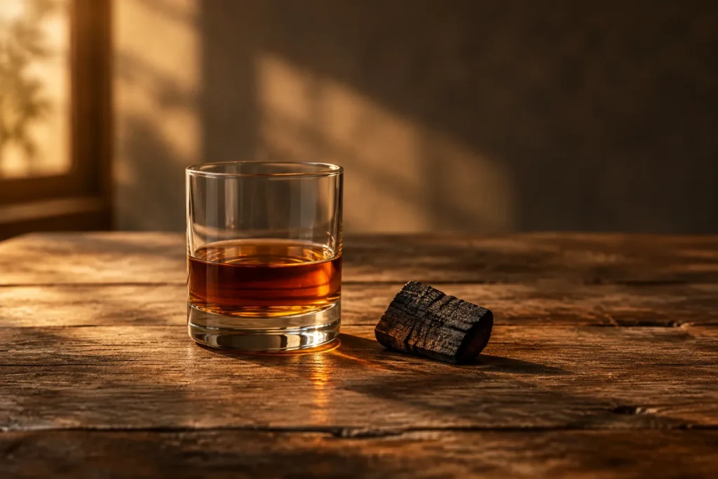 Wild Turkey 101 bourbon guide illustrated by an unbranded whiskey glass beside charred oak