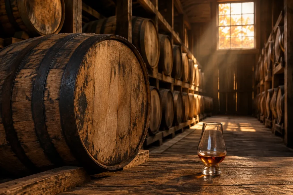 An unbranded bourbon barrel and tasting glass illustrating the 2026 King of Kentucky Single Barrel announcement
