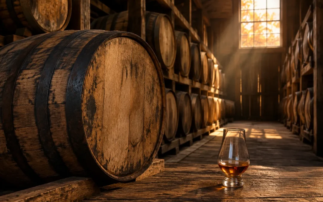 An unbranded bourbon barrel and tasting glass illustrating the 2026 King of Kentucky Single Barrel announcement