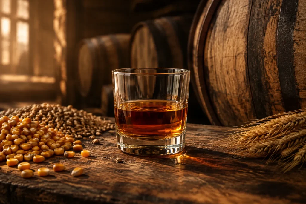 Four Roses Single Barrel OBSV article illustration showing an unbranded bourbon glass beside oak barrels