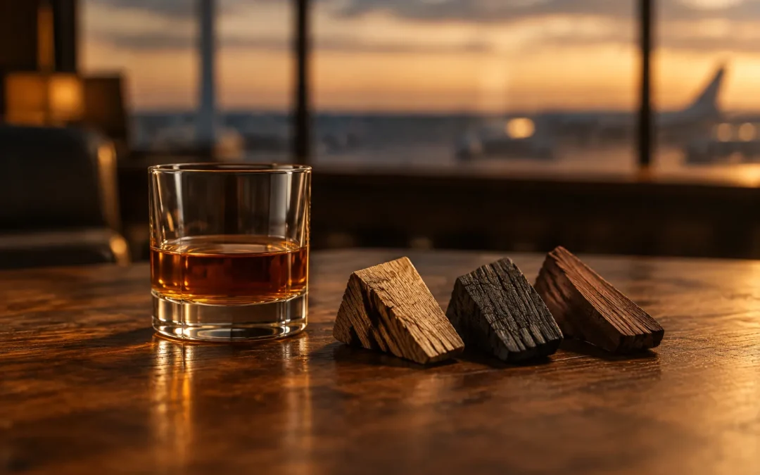 Maker's Mark World Wood editorial concept with three varieties of oak beside an unmarked whisky glass