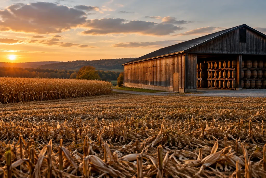 Unbranded Southern Indiana farm and rickhouse scene illustrating Starlight estate bourbon 2026