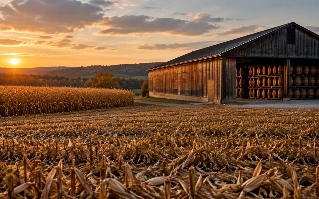 Unbranded Southern Indiana farm and rickhouse scene illustrating Starlight estate bourbon 2026